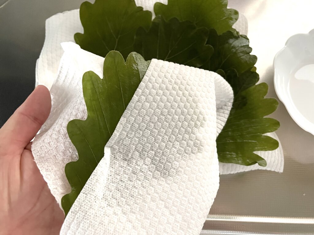 柏の葉を洗って、軽く水気を取る